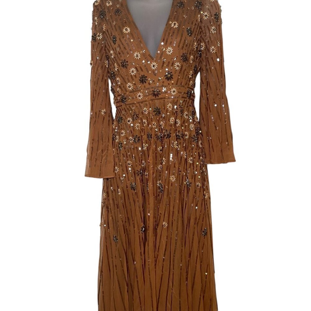 Mac Duggal Cognac Sequin Midi Dress 94076 Long Sleeve V-Neck Size 2 - Picture 3 of 6